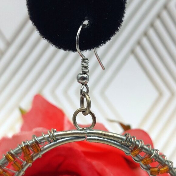 Pretty Large Silver Tone & Amber Color Seed Bead Statement Hoop Earrings Dangle - Picture 4 of 7